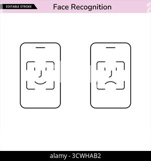 Minimal outline icons showing smartphone face recognition detected and not detected status. Editable stroke design for mobile app, technology Stock Vector
