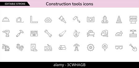Construction tools and building icons | helmet, blueprint, bricks, crane, hammer, safety equipment vector set Stock Vector