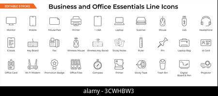 Business and Office Essentials Line Icons | Minimal Workplace Tools and Stationery Vector Outline Pack Stock Vector