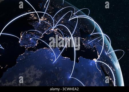 Global Communication Network Visualized On Earth At Night, With Glowing Connection Lines Across Continents, Symbolizing Internet, Technology, And Worl Stock Photo