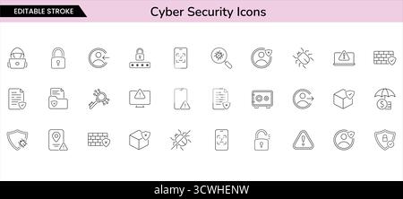 Cybersecurity and data protection icons | cyber attack, firewall, secure login, malware, privacy vector set Stock Vector
