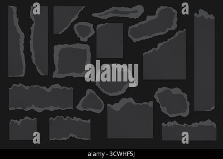 Torn black dark grey paper pieces of different shapes, blank frames with ripped rough white edges set. Realistic notes, blue and green pages, yellow scrap of cardboard collection vector illustration Stock Vector