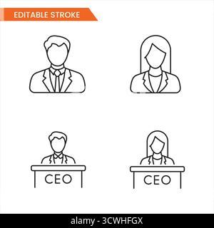 Line Icons of Male and Female CEO Business Leaders – Editable Stroke Vector Illustration Stock Vector