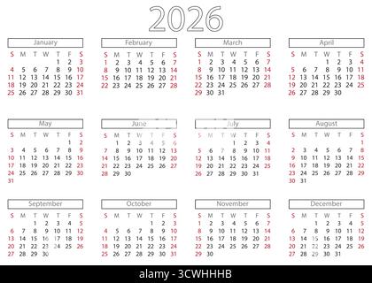 2026 Calendar With Monthly Grids For Planning, Scheduling. Stock Vector