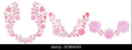 Vector set of pink watercolor frames of decorative floral arrangement. Collection of delicate dividers with foliage, peonies and daisies for postcards Stock Vector