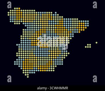 Spain dotted map. Digital style map of the country on dark background. Spain shape with circle dots. Colored dots style. Large size circles. Stock Vector