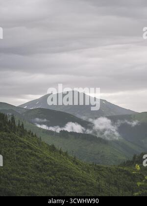A misty view of the rolling green peaks of the Low Tatra National Park, Slovakia. Clouds drift through the valleys under an overcast sky, creating a c Stock Photo