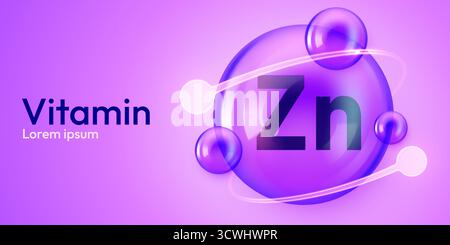 Abstract concept of Vitamin Zn in a glowing purple sphere. Essential mineral for health. Vector illustration. Stock Vector