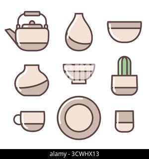 Ceramic crockery collection. Vases, bowls and cups. Simple and modern pottery icons, vector illustration set. Stock Vector