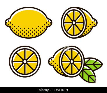 Retro halftone style lemons, line icon set. Whole lemon, slice, half with leaves. Modern geometric flat vector illustration. Stock Vector