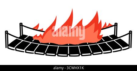 Burning bridge drawing. Wooden suspension rope bridge on fire. Vector clipart illustration. Stock Vector