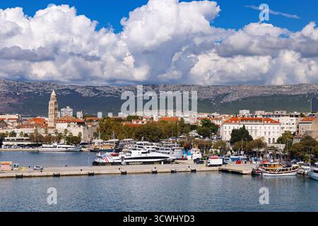 Split Croatia -  view of the old town and harbour of Split, Croatia seen from the sea, Dalmatian Coast, Dalmatia Split Croatia Europe Stock Photo