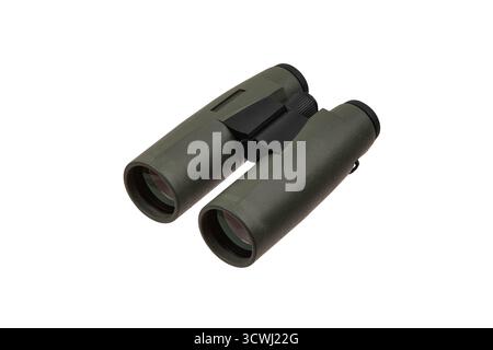 Modern green military-style binoculars with black rubber armor, isolated on white. Stock Photo