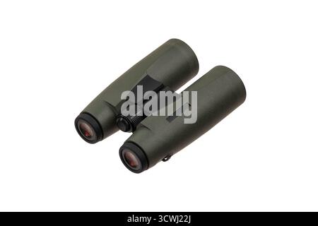 Modern green military-style binoculars with black rubber armor, isolated on white. Stock Photo