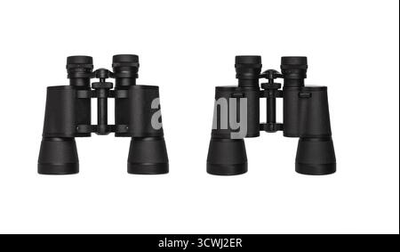 Two pairs of identical black porro prism binoculars side-by-side, isolated on white. Stock Photo