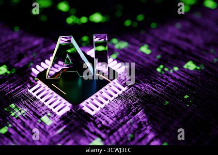 Quantum Glowing Processor With AI Text On The Motherboard, Concept. AI And Modern Technologies, Creative Idea. Cyber Background With Artificial Intell Stock Photo