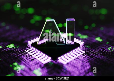 Artificial Intelligence Concept With Glowing AI Letters On A Futuristic Microchip, Neon Lights And Digital Technology. Glowing AI Processor, Creative Stock Photo