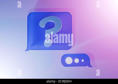 Ask Concept. Question Mark On Paper Speech Bubble, Top View. Technical Support Messages With Glass Icons With Blue And Pink Lights. Prints A Message. Stock Photo