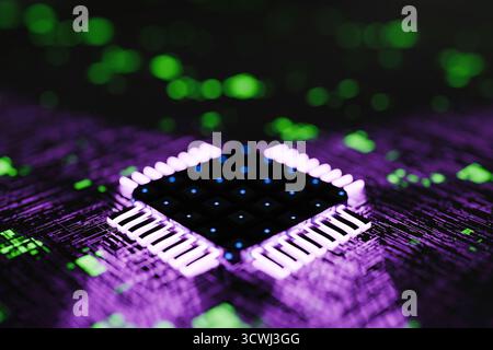 Abstract Glowing Microchip CPU On A Circuit Board With Neon Purple And Green Lights, Representing Technology, Data Processing, Innovation, AI, Futuris Stock Photo