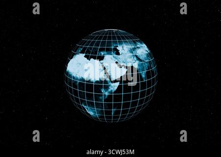Digital 3D Globe With Grid Lines Showing Earth In Space, Symbolizing Global Communication, Technology, Geography, And Connection Against A Dark Starry Stock Photo