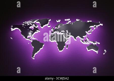 Glowing Purple World Map Light On A Dark Background. Concept Of Global Network, International Connection, Worldwide Communication, Travel, Geography, Stock Photo