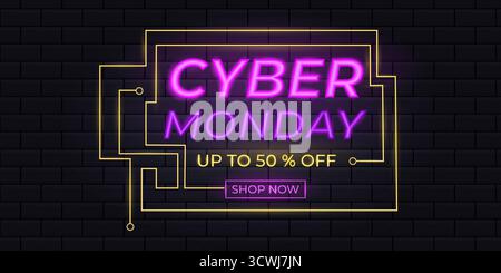 Neon Cyber Monday Sale Banner with Glowing Frame and Brick Wall Background. Stock Vector