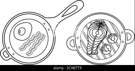 Outline Fried Egg with bacon strips on skillet and Salmon steak with Brussels sprouts in Grill Pan. Isolated Vector illustration Food Poster or Healthy Eating Related Content Recipe Menu Card Leaflet Stock Vector