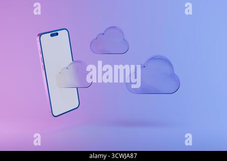Smartphone On Pink Blue Gradient With Flying Neon Glass Clouds. Cloud Service And SaaS, Concept. Cloud Storage, Online Data Transfer, Synchronization, Stock Photo