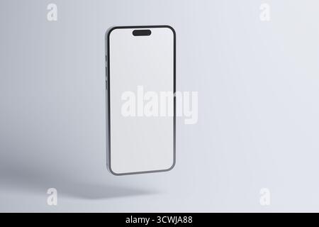 Modern Smartphone With Blank White Screen Floating On A Light Background, Minimal Design Concept For Technology, Mobile Applications, User Interface, Stock Photo