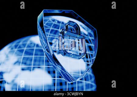 3D Shield With Padlock Symbol Over A Digital Globe, Representing Global Cybersecurity, Online Data Protection, Internet Privacy, And Secure Worldwide Stock Photo