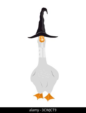 Cute goose in a witch hat. Halloween design character, vector isolated illustration Stock Vector