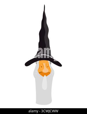 Cute goose in a witch hat portrait. Halloween design character, vector isolated illustration. Stock Vector