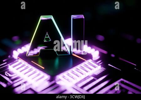 AI And Artificial Intelligence Chip On Circuit Board: Neon Light CPU Processor, Concept. Abstract Digital Background With AI Letters And Network Conne Stock Photo