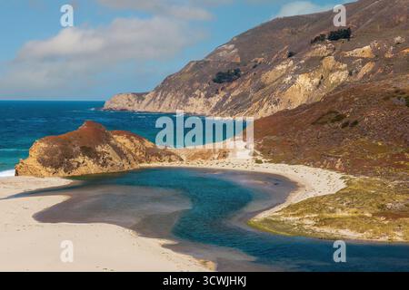 Little Sur River Flowing into the Pacific Ocean as seen from Highway 1. Big Sur, Monterey County, California, USA Stock Photo