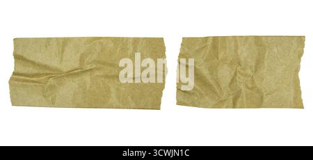 Set of wrinkled brown paper tape strips isolated on transparent background. Torn kraft adhesive elements with rough edges and creased texture for Stock Photo