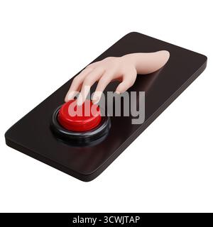Red button and a hand pushing on a mobile phone isolated on white, Help call, 911 concept, 3d render. Stock Photo