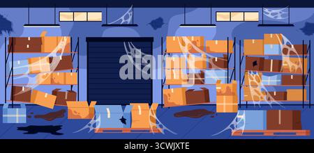 Abandoned warehouse building interior for factory box storage, storehouse hangar with dirt and cobwebs. Stockroom racks with broken and open cardboard parcels on shelves and pallets to delivery Stock Vector