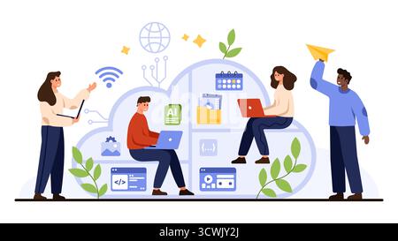 Teamwork with laptops and digital devices around cloud storage, sharing files, managing schedules, and online workspace tools for productivity and remote work, isolated on white background vector illustration Stock Vector