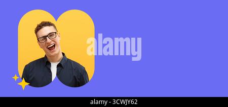 Smiling Young Man in Collage With Colorful Background and Playful Design Elements Stock Photo