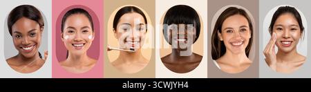 Diverse Group of Women Showcasing Skincare Routines and Smiling Joyfully in a Collage Set Stock Photo