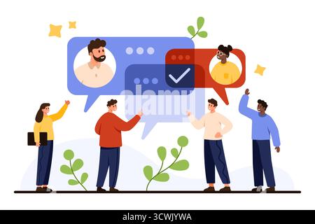 Group of diverse colleagues discussing ideas, sharing feedback, and making decisions together in a collaborative environment, communication and teamwork concept vector illustration Stock Vector