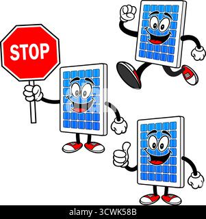 Solar Panel Mascot Set 03, Hand Drawn illustrations of Solar Panel Mascots in various poses. Stock Vector