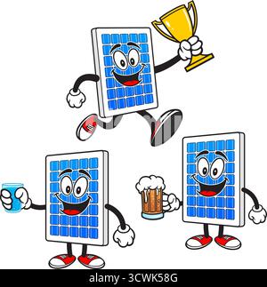 Solar Panel Mascot Set 05, Hand Drawn illustrations of Solar Panel Mascots in various poses. Stock Vector