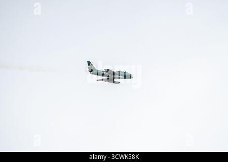 North American F-86 Sabre jet fighter aircraft in flight against cloudy sky Stock Photo