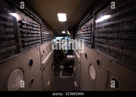 Interior view of vintage aircraft cockpit and cabin with instrument panels Stock Photo