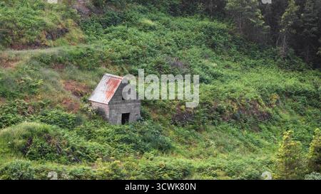 Small abandoned building on the lush green mountain slope in Madeira Island, Portugal. Stock Photo