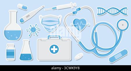 Flat vector illustration featuring hospital and medical equipment such as stethoscope, syringe, DNA, and first aid kit. Ideal for healthcare posters Stock Vector