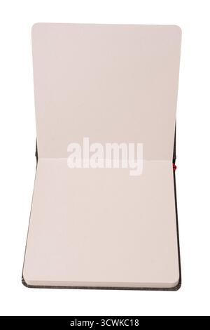Open notebook with blank pages isolated on a white background. Top view. Stock Photo