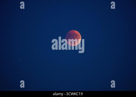 A minimalist view of the total lunar eclipse, with the red Blood Moon and a bright planet or star isolated against the deep, dark blue canvas of the n Stock Photo