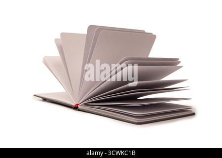 Open notebook with blank pages isolated on a white background. Top view. Stock Photo
